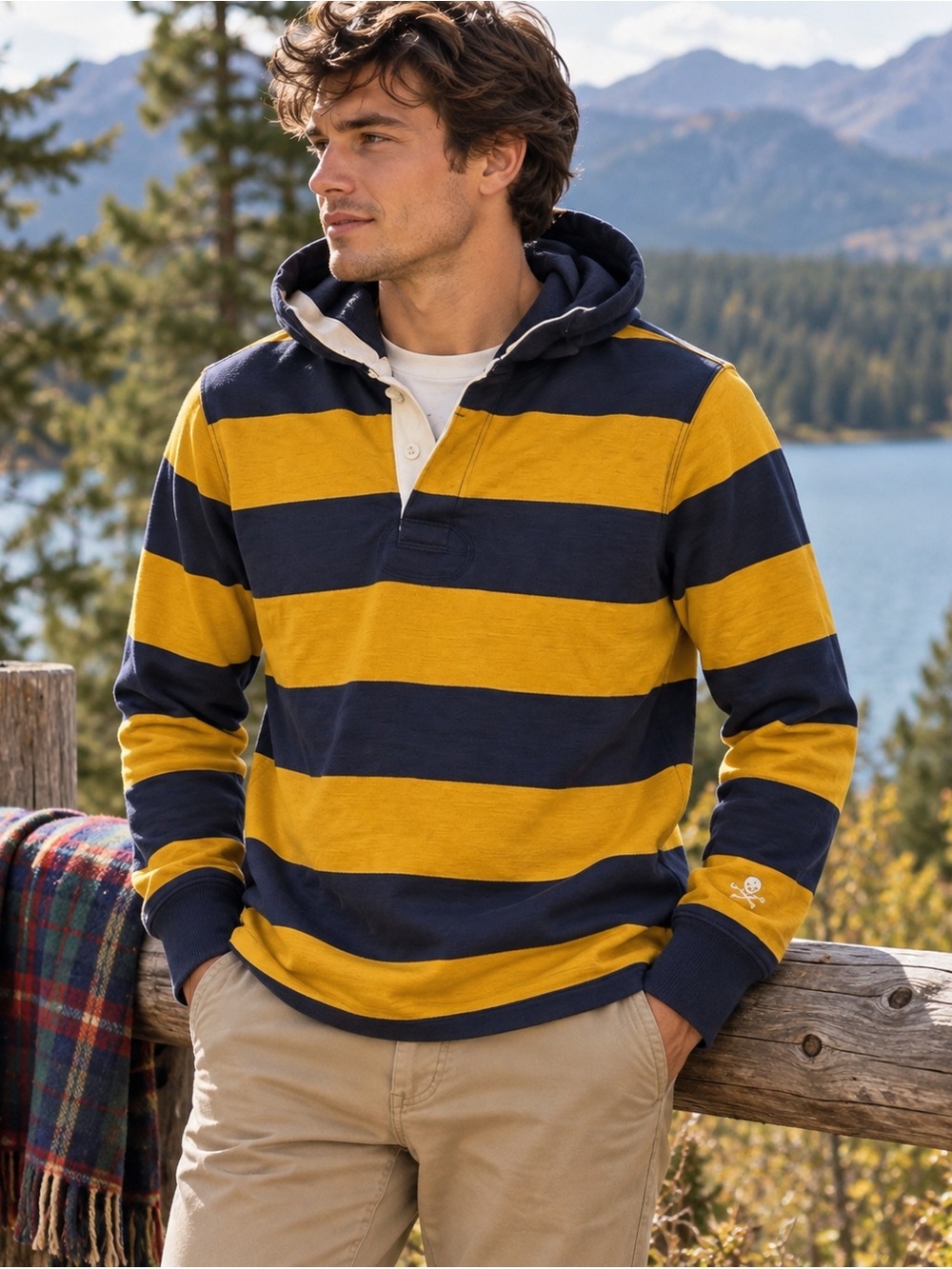 Rugby Ralph Lauren Hooded Rugby Shirt Navy Mustard Stripe Men’s Small